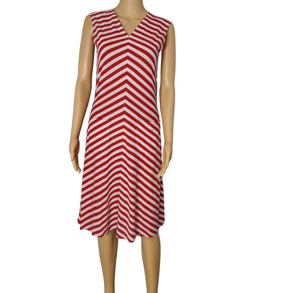1970s Red White Bodycon Striped Fit Flare Sleeveless V Neck Dress Size Small - Picture 1 of 7